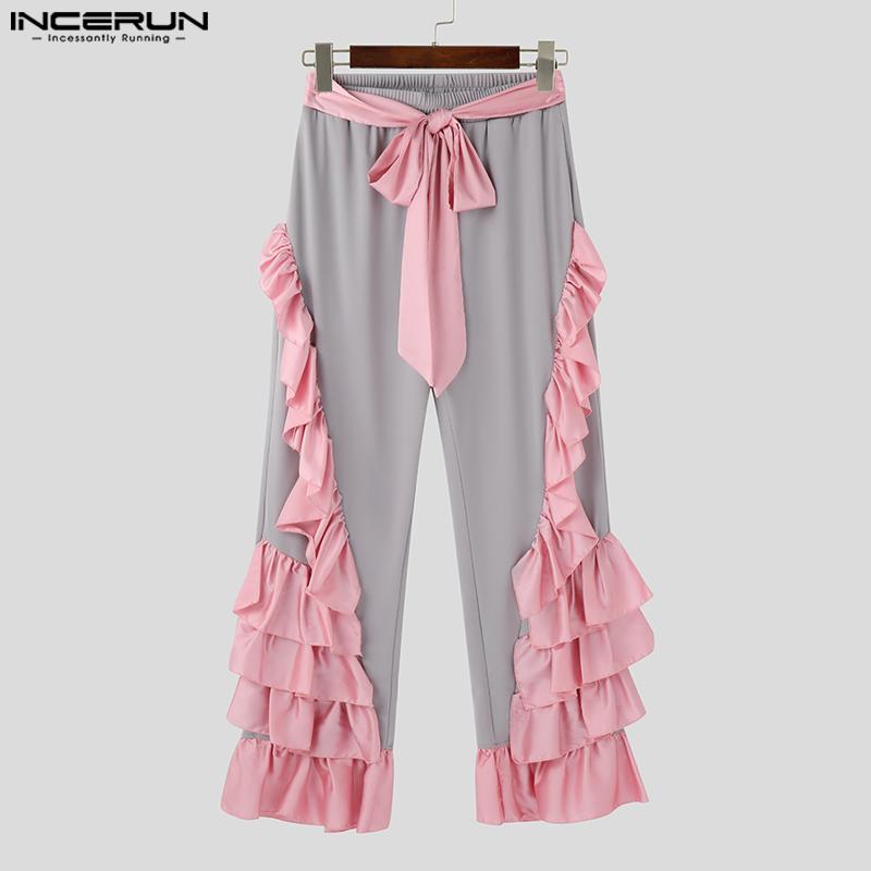 INCERUN Męskie spodnie typu bandage z elastycznym pasem i falbaną, długie, haremowe