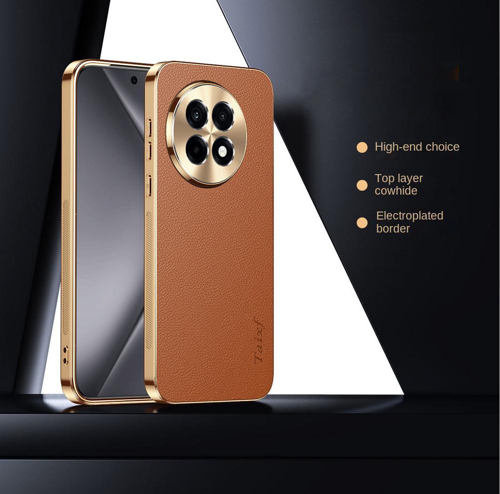 First Layer of Cowhide Lychee Texture Electroplated Frame Case For OnePlus 13R 13 12R One Plus Ace 5 Pro 3 2 Lens Protect Cover