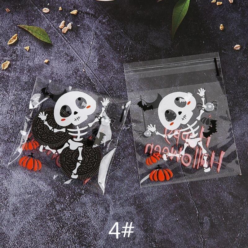 100pcs Halloween Candy Bag Self-adhesive Plastic Treat Bags for Cookie Snack Gift Clear Bags Set for Halloween Party