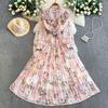Romantic French Chiffon Print Ruffled Dress with Cinched Waist and Pleated Wide Hem