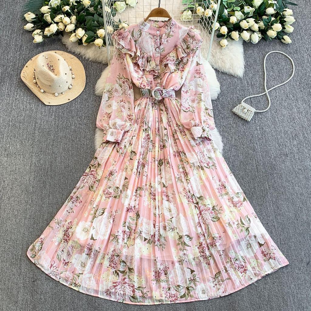 Romantic French Chiffon Print Ruffled Dress with Cinched Waist and Pleated Wide Hem