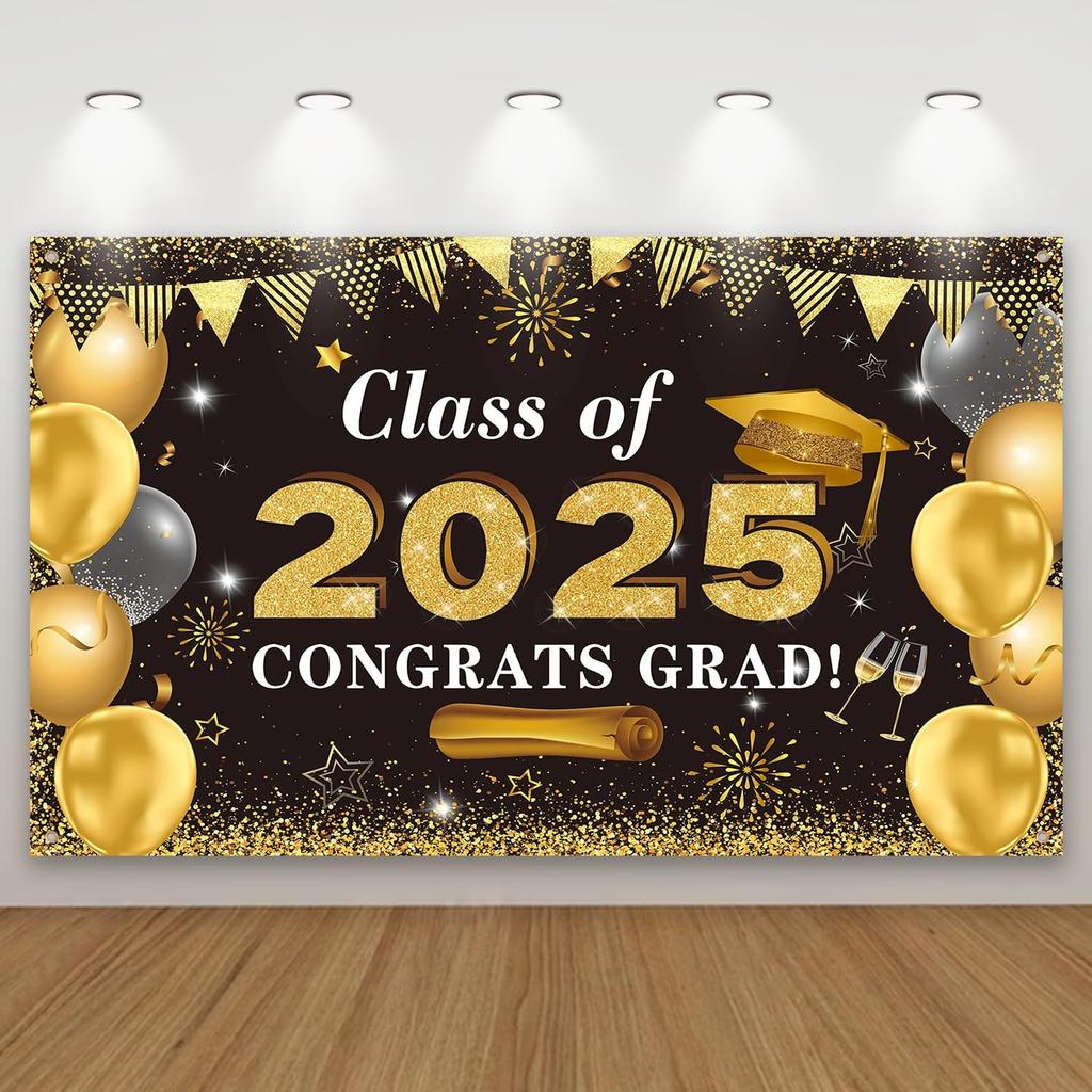 Graduation Decorations Congrats Grad Class of 2026 Backdrop - Green and Gold Grad Banner Background Photo Props Hanging Decorations for Indoor