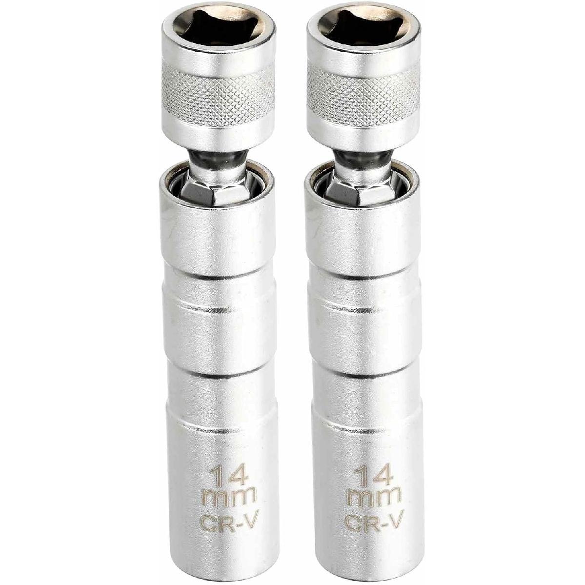 HARFINGTON 2pcs Spark Plug Socket Set 3/8  Drive 18mm Swivel Magnetic 12 Point Thin Wall Spark Plug Socket with 360 Degree Swivel CR-V Steel, Silver 14mm