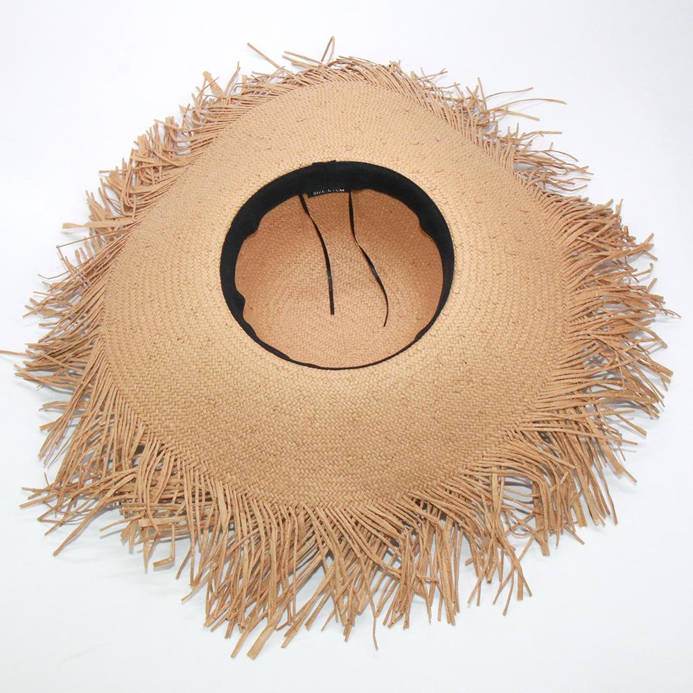 Women's wide-brimmed hat, tassel floss beach hat, foldable pure woven sun-visor, white and black paper straw round hat