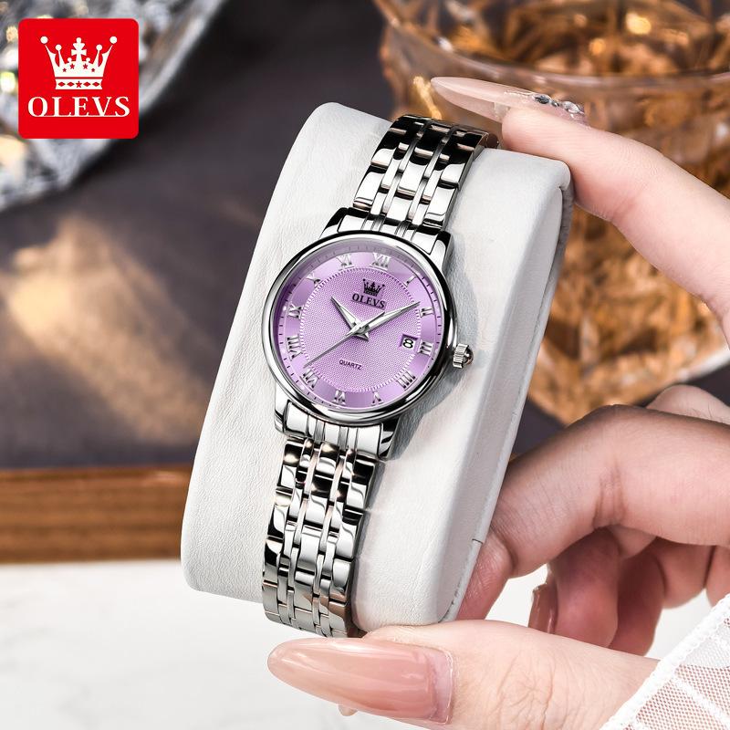 OLEVS Kvarts Klokker for Dame Ultratynn Solid Stållenke Elegant Mote Romersk Skala Auto Dato Vanntett Dameklokker
