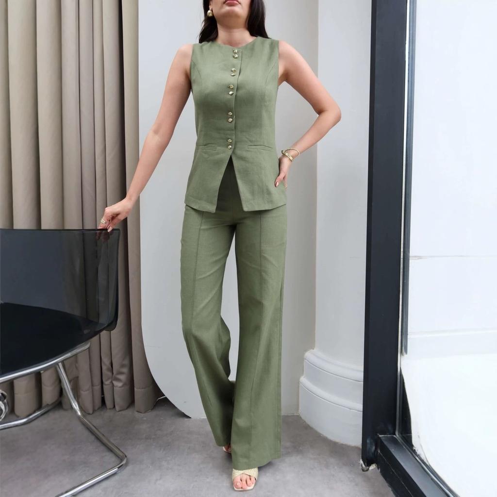 Amazon Women's New Temperament Commuter Style Crew Neck Sleeveless Slim Top High Waist Wide Leg Pants Set