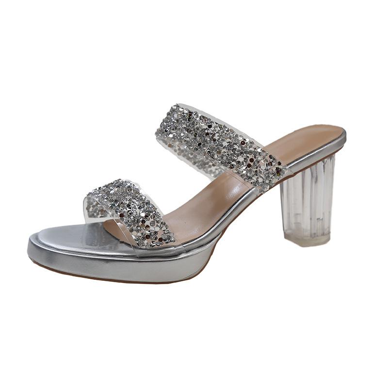 Summer new high heels crystal thick heel outer wear women's sandals women's rhinestone transparent cool slippers large size