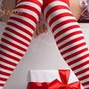 1 Pair Striped Stockings Green White Contrast Color High Elasticity Anti-slip Over Knee Length Soft Breathable Holiday Christmas Stage Performance