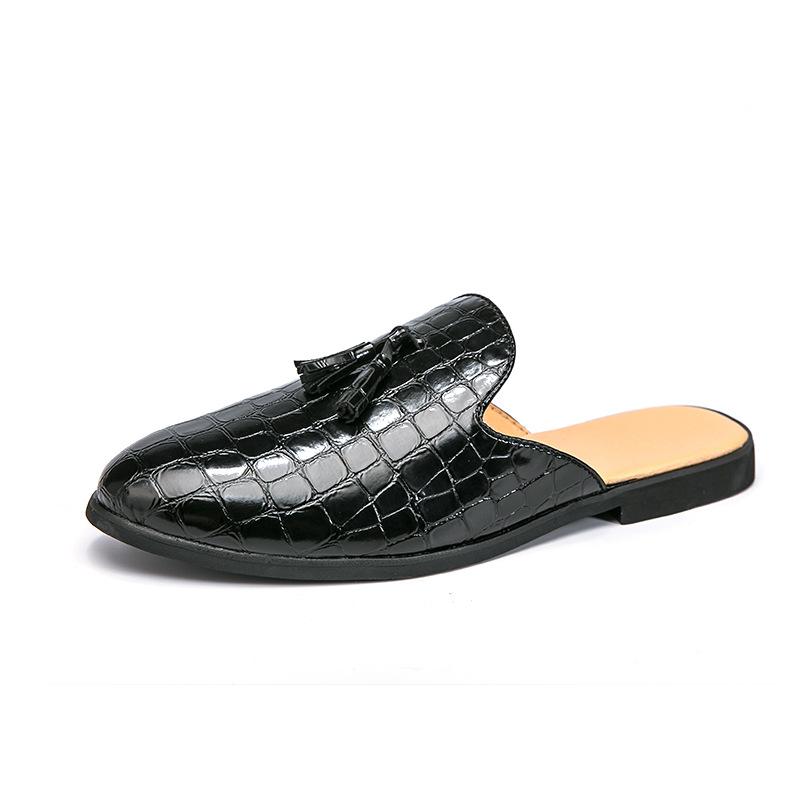 New British Fitting Room Half-tray Leather Shoes, Foot Cover Tassel Block Flower Leather Shoes, Men's Casual Slippers, Leather Shoes
