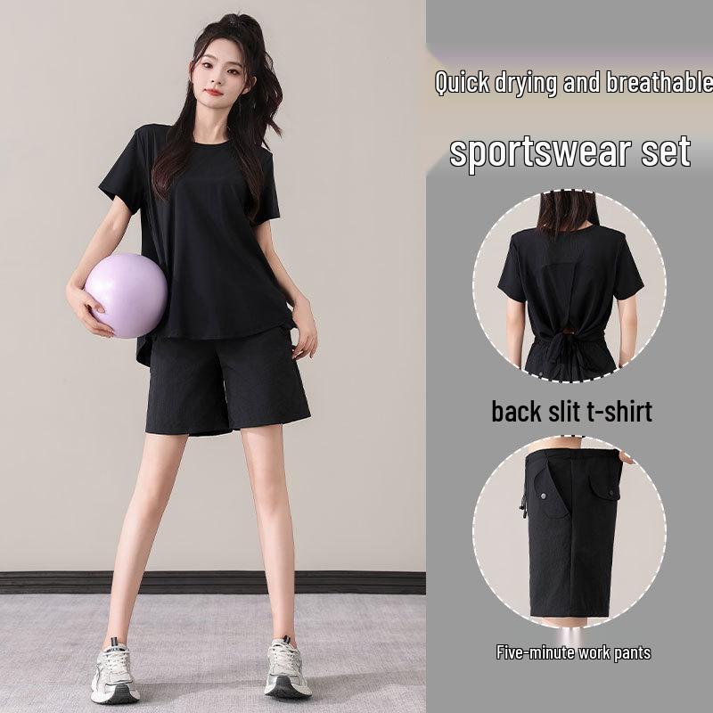 Women's Purple Two-Piece Set: Quick-Dry Ice Silk T-Shirt & Loose Five-Point Cargo Shorts