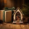 Christmas Tree Wooden Figurines Tabletop Decor with Warm LED Lights, 2D Printed Snow Village Scene Decorative Church And Sleigh Sets Santa Reindeer