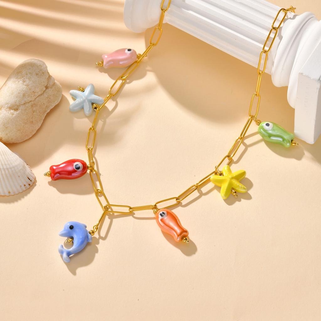 Ceramic Starfish Fish Conch Dolphin Drop Y2K Necklace, Women's Stainless Steel Chain Adjustable, Notarnish Resistant Jewelry
