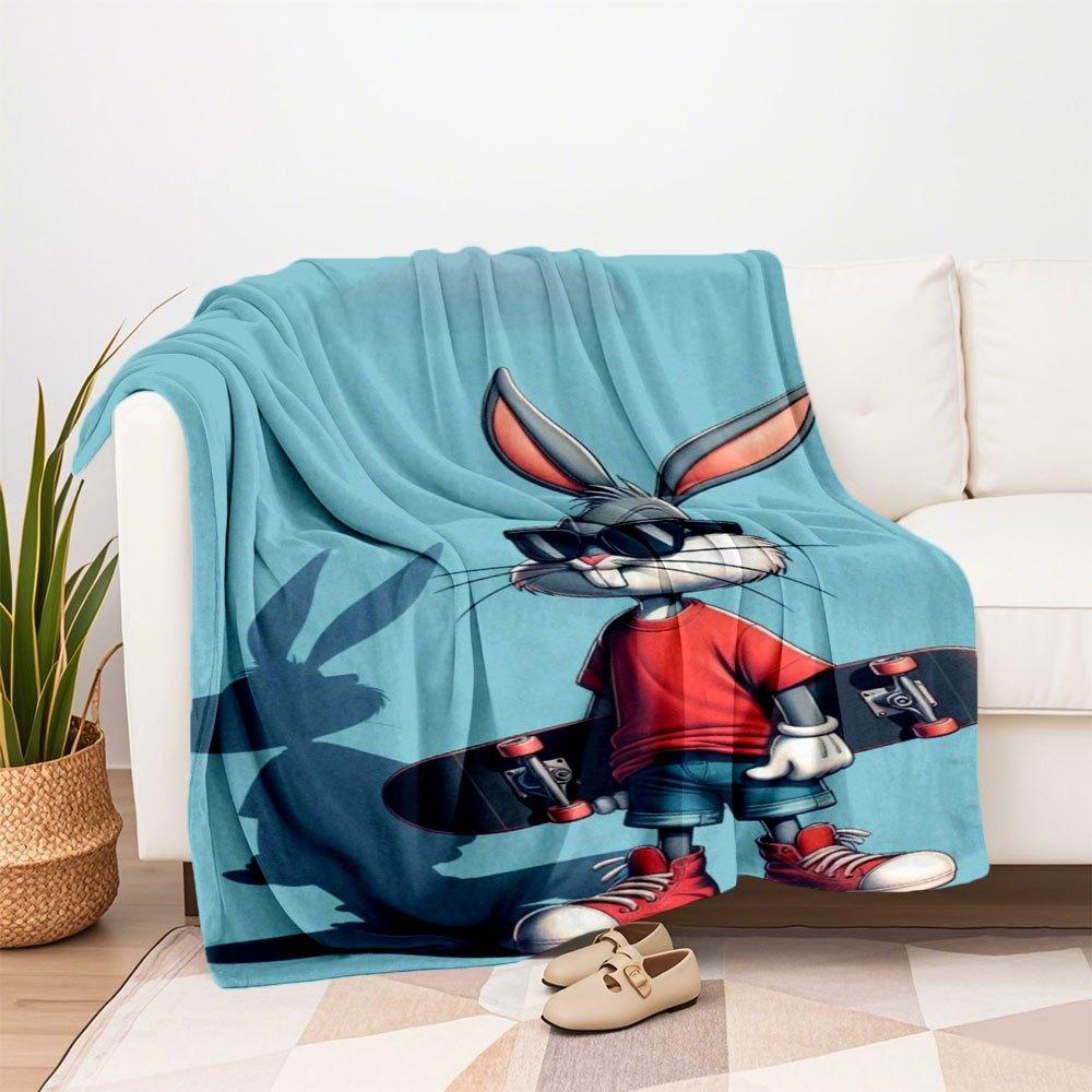 "Skateboarding Bugs Bunny Wall Art Print"Blanket Flannel Throw Blanket for Sofa, Bed, Travel, Camping, Office