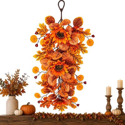 16cm Autumn Artificial Sunflower Door Hanging Wreath Harvest Style Maple Eucalyptus Leave Shaped Berries Vintage Fall Wall Decor