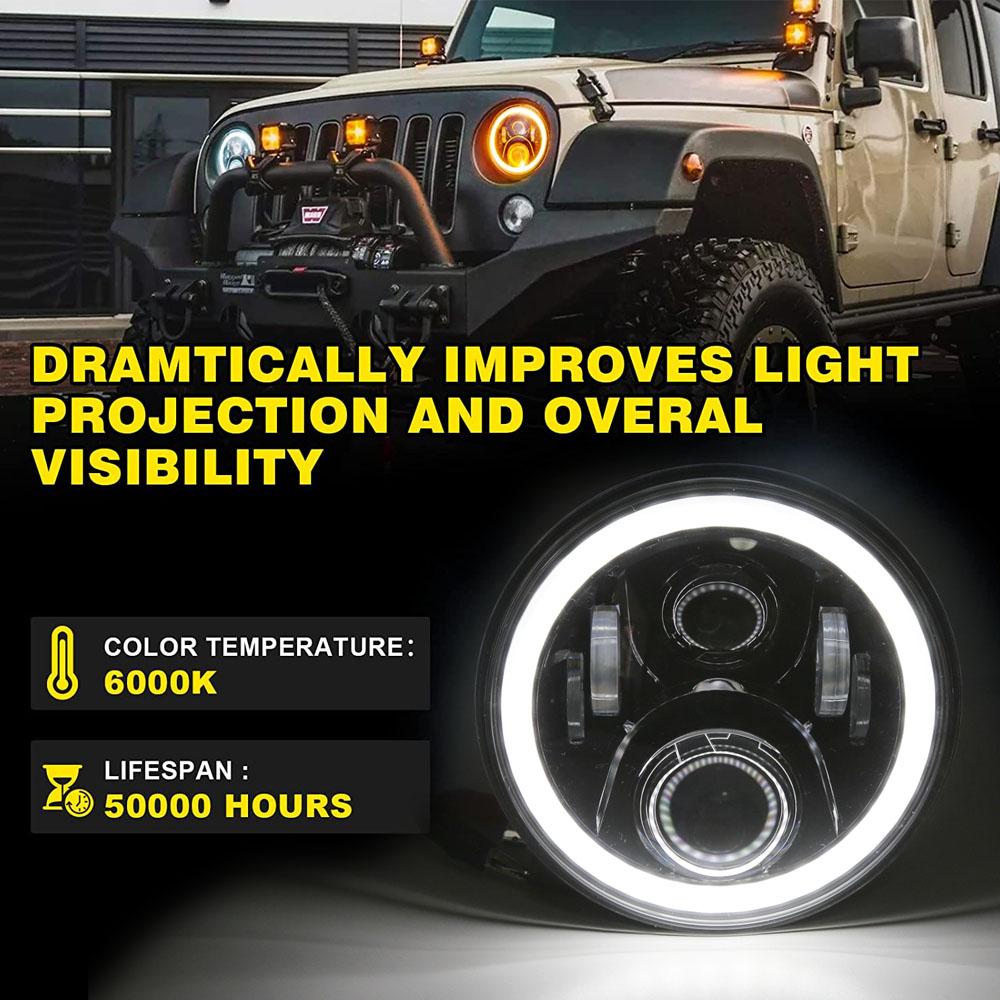 7 Inch Round LED Car Motorcycle Headlight 40W 60W Hi/Low Beam White(Amber) DRL Halo Ring Angle Eyes for Wrangler for Suzuki