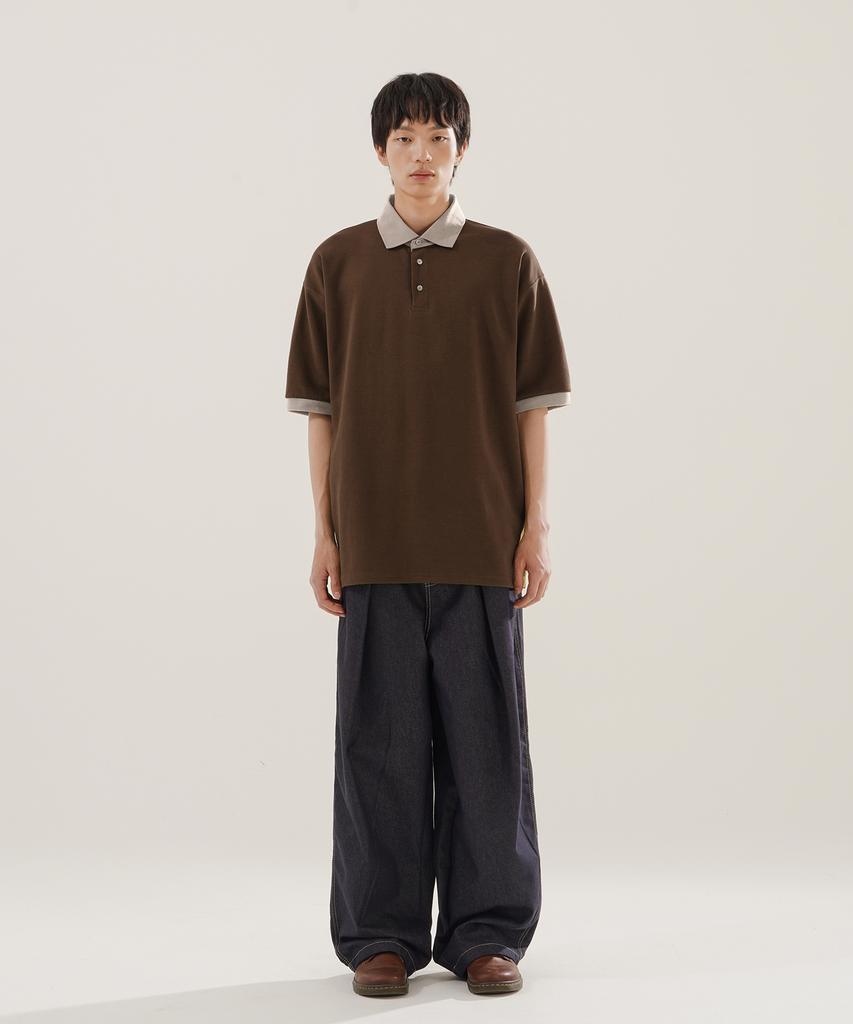 JEMUT Chess Ringer Collared Short Sleeve T-Shirt Brown Kjst2616