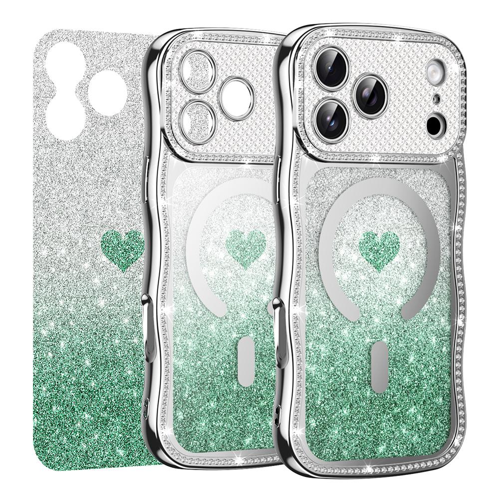 For iPhone 17 Pro Magnetic Case Electroplated Wave Frame Rhinestone Decor TPU PC Phone Cover with Love Glitter Paper