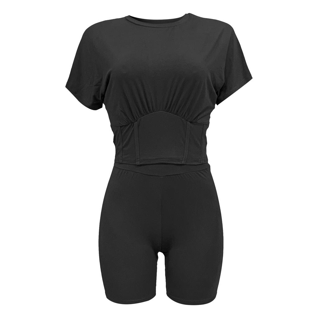 Womens Tracksuits  Color Sports Waist Set Short Sleeve Tops Shorts Set