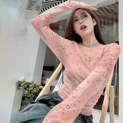 Camiseta de Manga Larga con Protección Solar Estilo Deseo Puro Diseño de Malla Estampada para Mujer Verano Ajustada Capa Base Favorecedora Top de Chica Picante