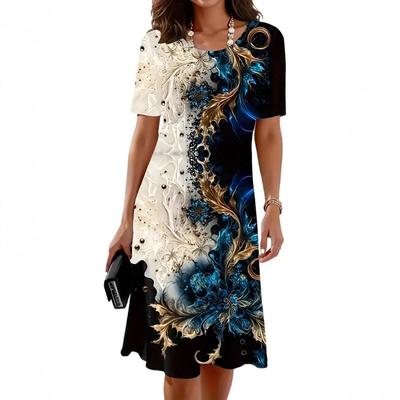 Standard Summer New Printed Crew Neck Pullover Lady Word Short Sleeve Dress Europe