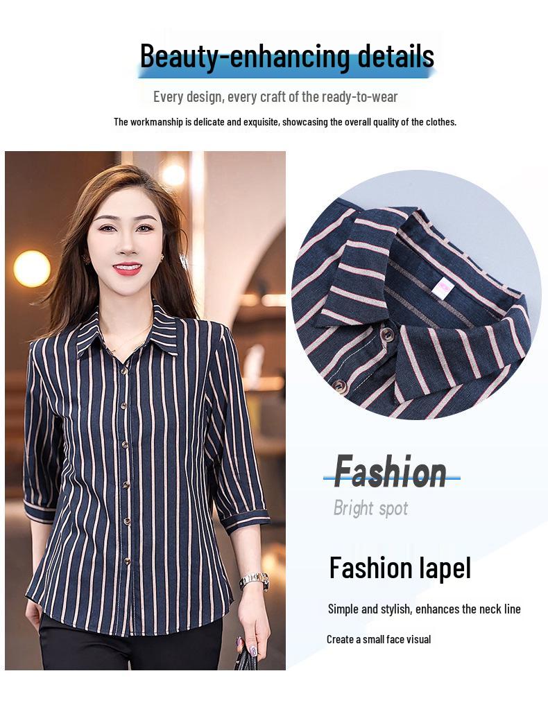 Women's Slimming Striped Cotton Shirt - Petite 7-Sleeve Professional Style for Spring, Summer, or Autumn 2025