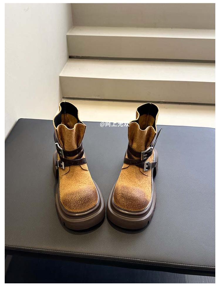 Coarse Heel Platform Short Boots Women's 2025 New Autumn and Winter Small High Heel Cow Anti-velvet Retro Belt Buckle Martin Boots
