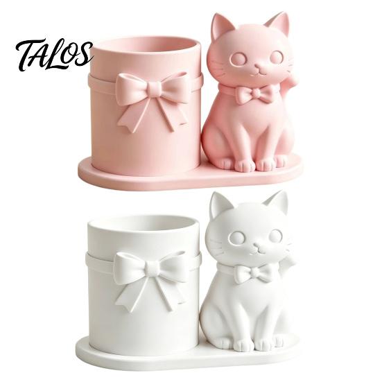 Cat Pen Holder, Cute Kitty Desk Organizer with Pens, Pencils, Makeup Brushes, 3D Printed Cat Sculpture for Home Office Desk Decor