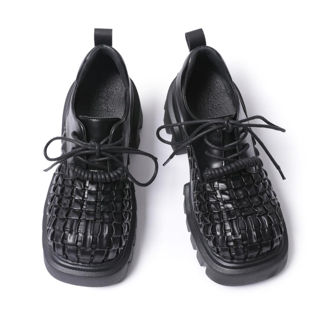 Fashion 2024 Spring Autumn New weave British Style Heightening Effect Leather Shoes For Women Solid Black Business Causal Dress Fashion