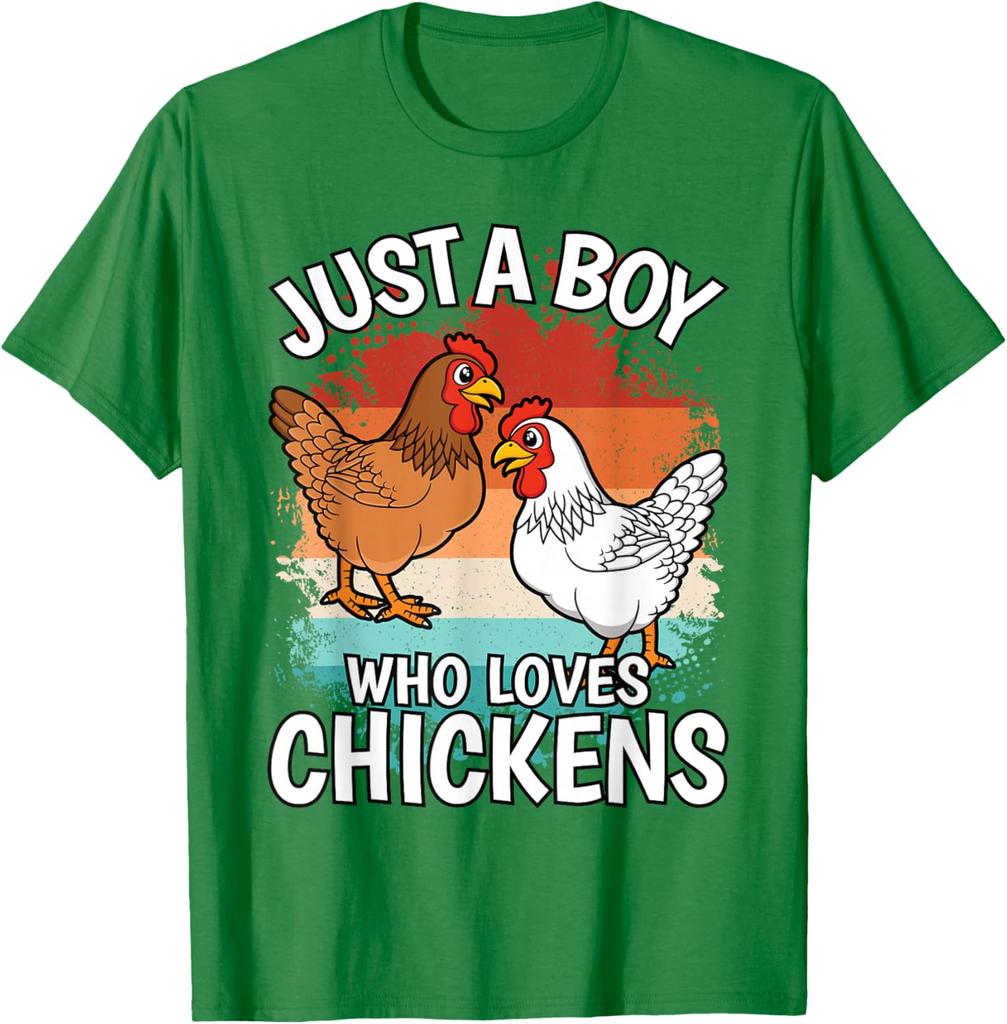 Just A Boy Who Loves Chickens Graphic Tee Retro Style Casual Cotton Short Sleeve T-Shirt for Men