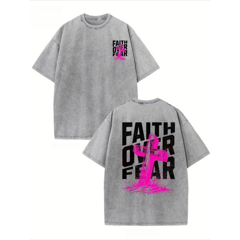 

European Size Men S Faith Over Fear Pattern T-Shirt Oversized, Retro Streetwear, Shoulder Drop, Hip-Hop Style, Casual Short Sleeves T-Shirt S
