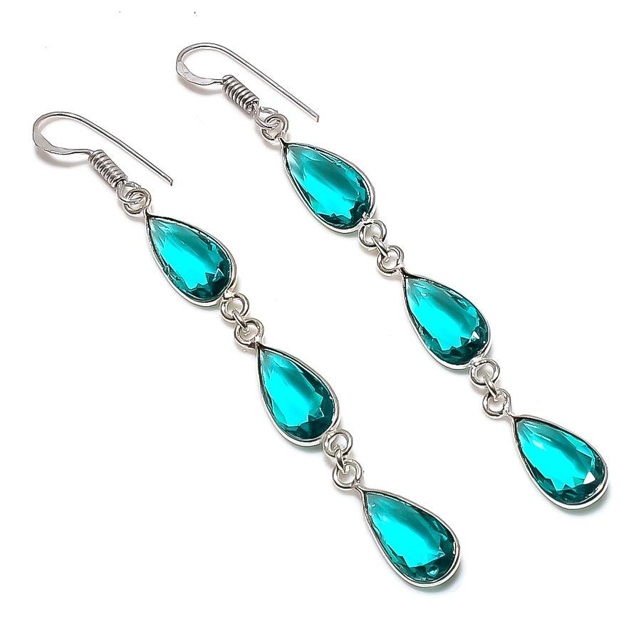 

Ювелирные серьги ручной работы из стерлингового серебра 925 пробы с натуральным зеленым турмалином 3,07 дюйма m5o60