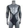 Men's Sexy One-Piece Elastic Lingerie Fishnet Gay Long-Sleeved Hip Tights V Neck Black Erotic Clothes