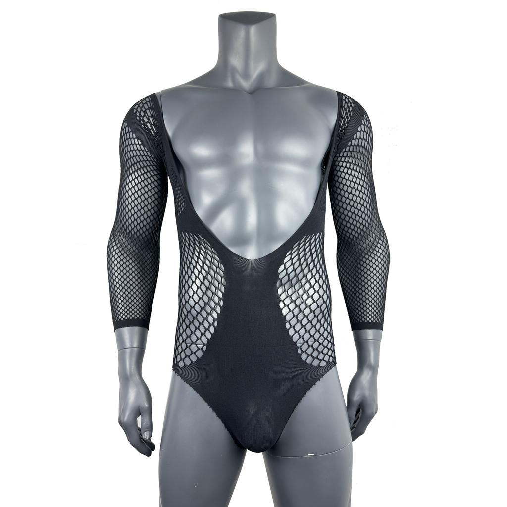 Men's Sexy One-Piece Elastic Lingerie Fishnet Gay Long-Sleeved Hip Tights V Neck Black Erotic Clothes