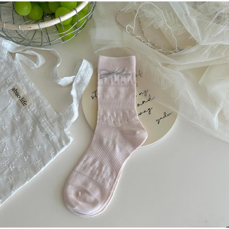Ladies' Spring and Summer Bow Tied Sweet Mesh Mid Calf Boneless Pile Socks