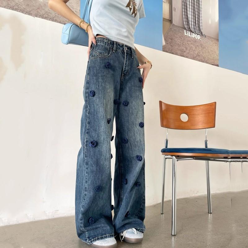 Plus Size Vintage Floral High Waist Casual Loose Women Spring Summer Autumn Jeans Denim Wide Leg Pants