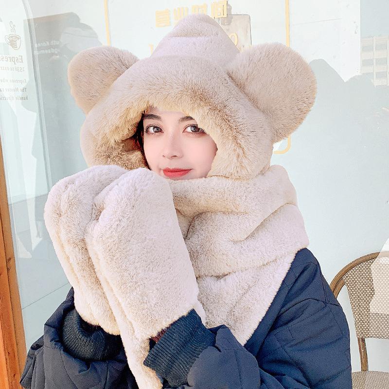Bear Hat Women's Winter Warm Three-piece Scarf Versatile Winter Plush Ears Cute Hooded Scarf Integrated