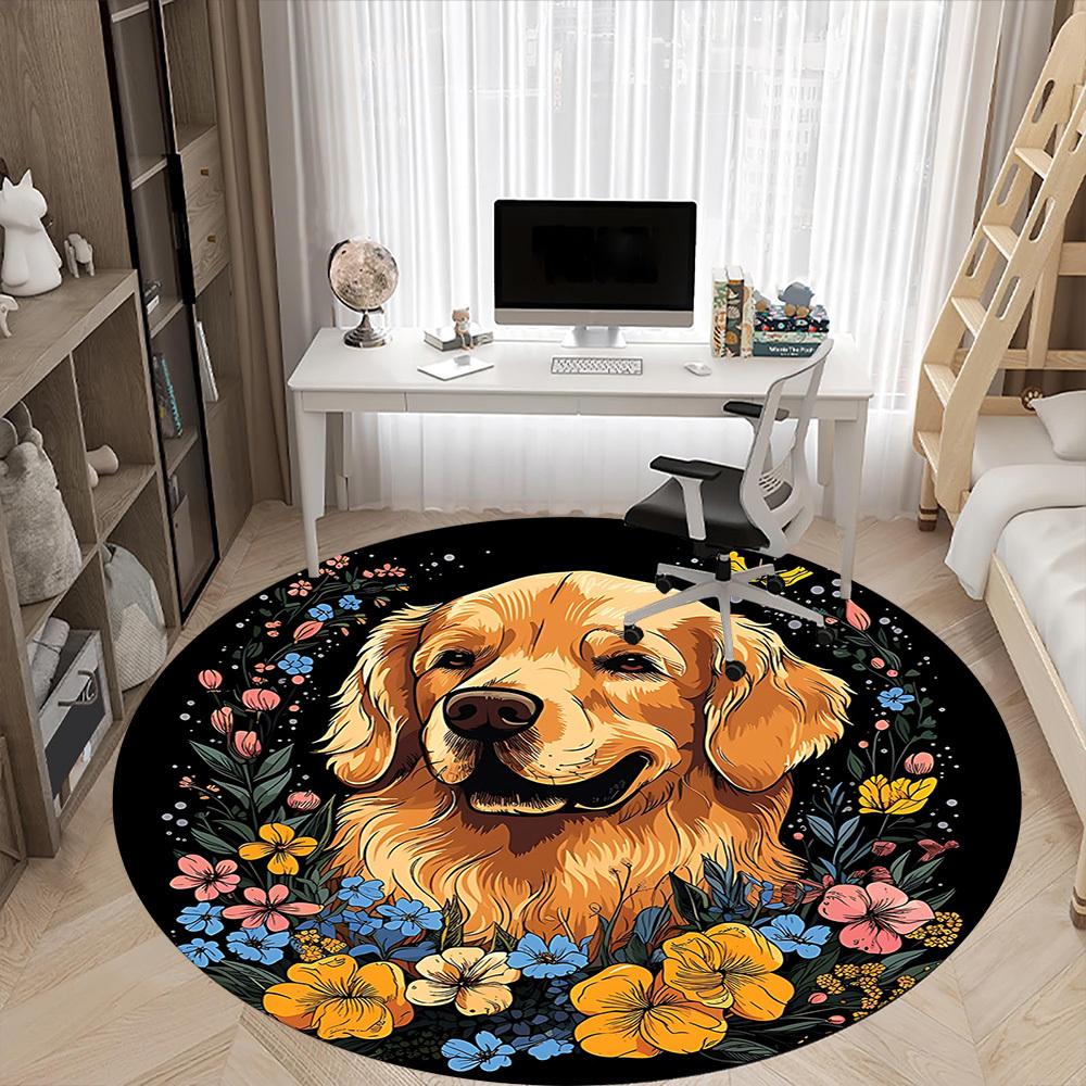 1pc Dog Floral Wreath Chair Carpet for Office, Round Non Slip Durable Large Size Office Carpet, Suitable for Office