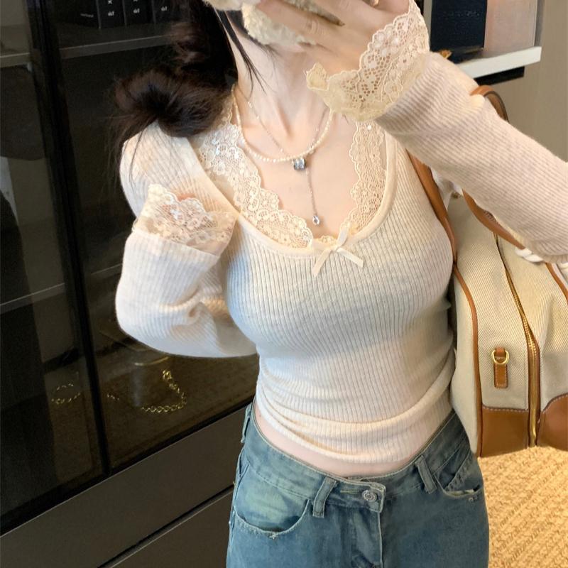 Jersey de Punto Casual de Encaje con Cuello en V para Mujer Otoño e Invierno Nuevo Jersey de Punto Ajustado para Mujer Tops Elegantes Sólidos Vintage Jerséis de Señora 25865