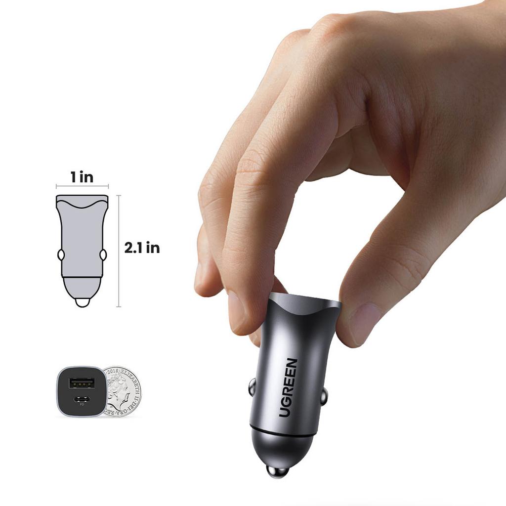 Ugreen Dual Port 30W Car Charger with USB-A/USB-C - PD PPS Certified - Metallic Gray (Model CD130)