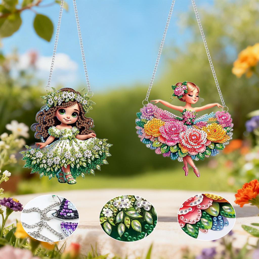 2Pcs Girl 2D Flat DIY Rhinestone Diamond Art Window Pendants Special Shape Crystal Painting Ornament Home Wall Decoration Crafts