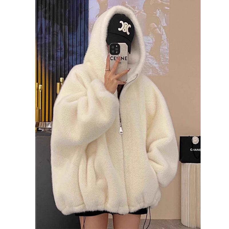 2025 Autumn/Winter Women's Short Hooded Faux Mink Fur Coat with Cotton Padding