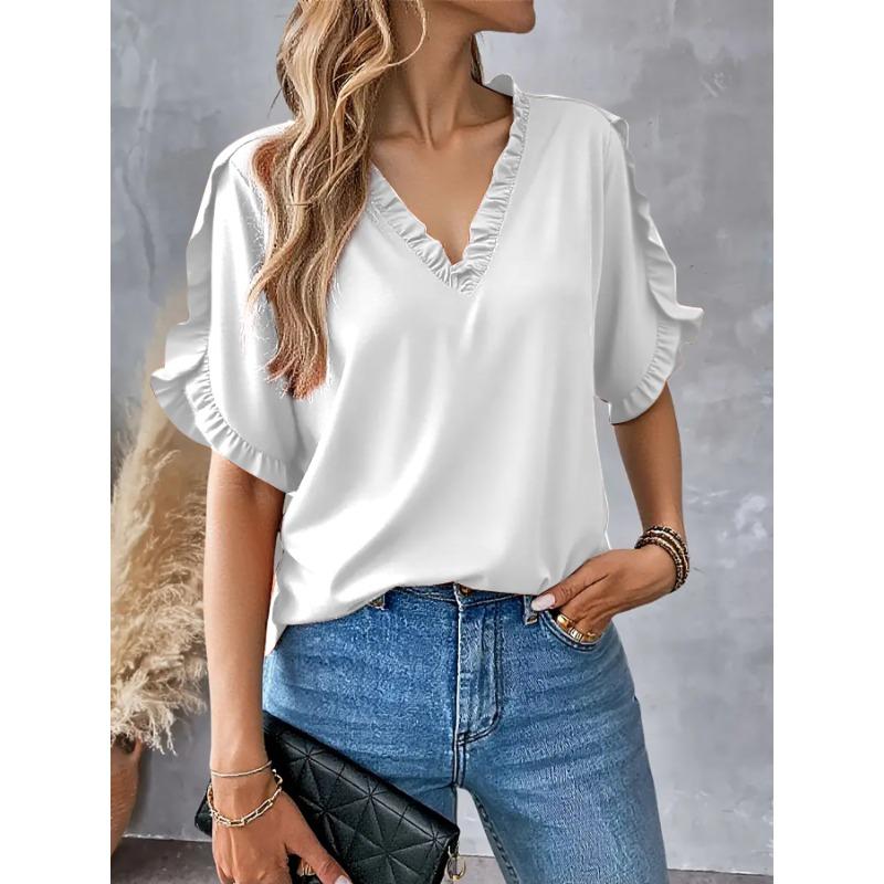 Summer Casual Short Sleeve Shirt Women V Neck Ruffle Design Loose Tee Tops Solid Elegant Women T-Shirts
