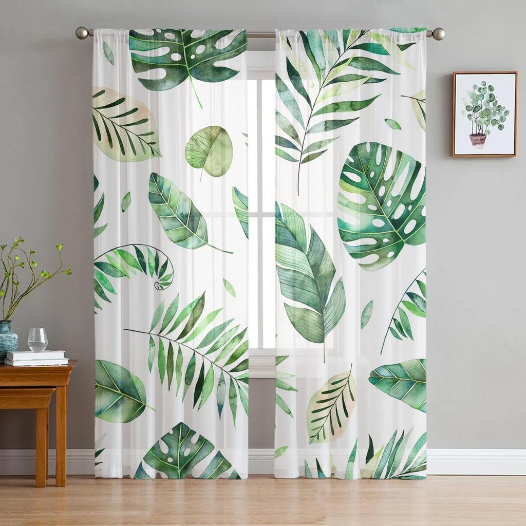 Tropical Leaves Palm Tree Green Plant White Tulle Sheer Window Curtains for Living Room Bedroom Sheer Fabric Silk-like Fabric Drapes Drapes