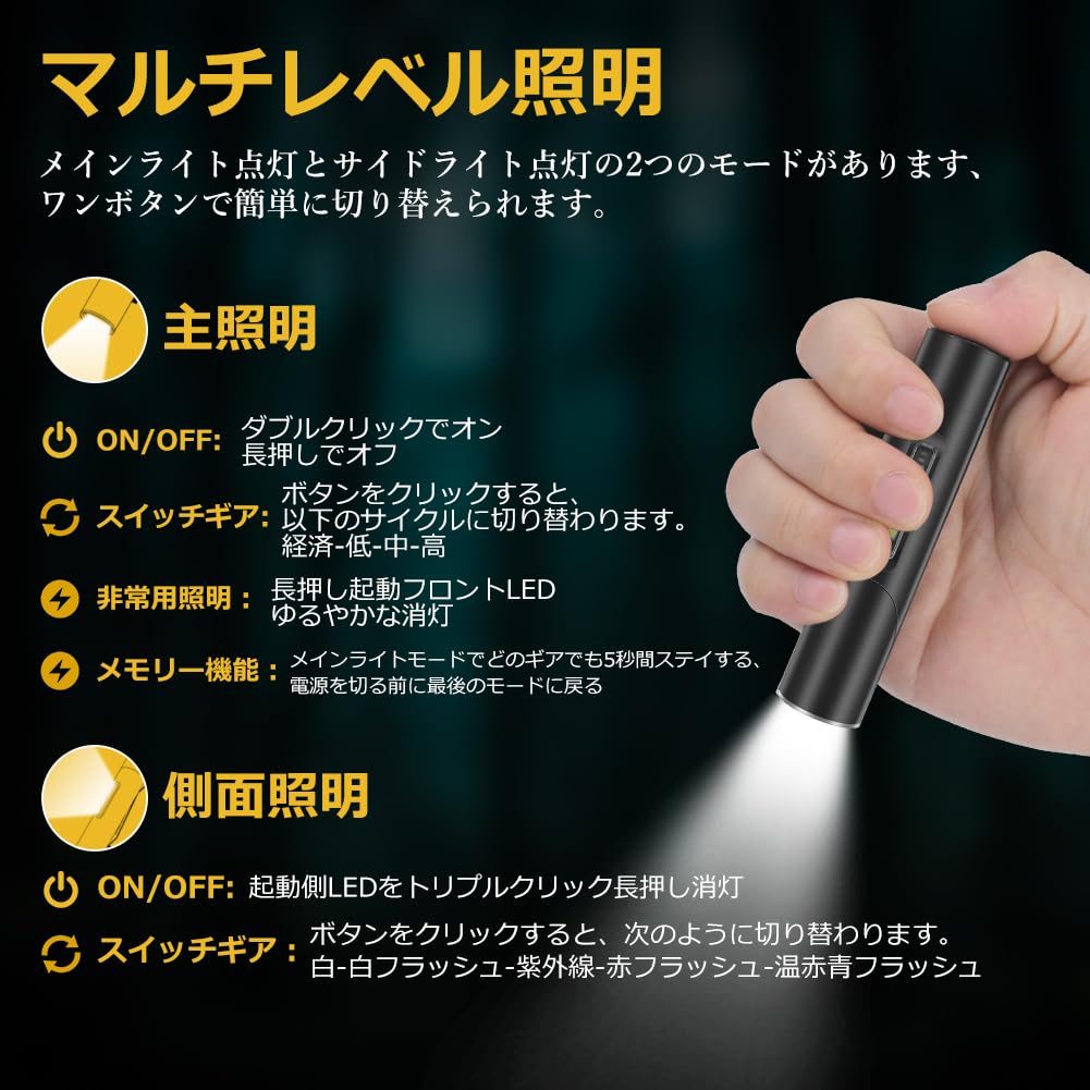 UniqueFire Flashlight LED Small Ultra Multifunctional Military Powerful Handy USB Rechargeable LED 5 Level White Light Adjustment High Brightness EDC