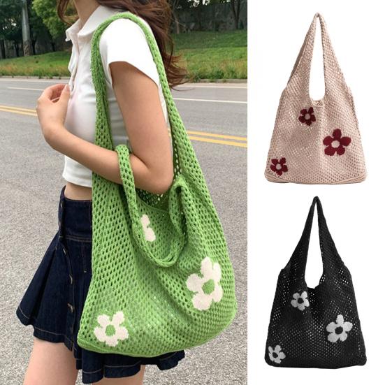 

Knitted Beach Bag Hollow Woven Shoulder Bag Flower Pattern Shoulder Tote Bag зелений