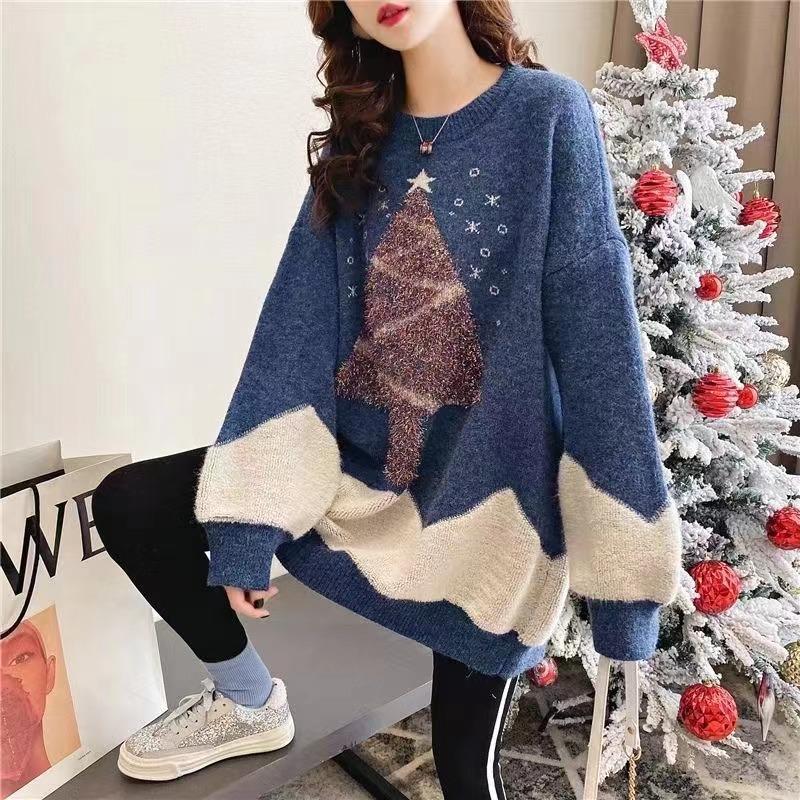 Wishing Tree Christmas Sweater Women's Autumn and Winter New Crew Neck Sweater Pullover Foreign Style Loose and Skinny Knitted Sweater Women