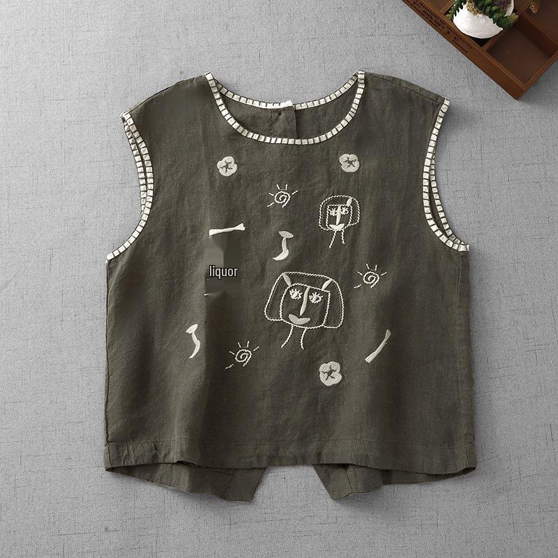 Forest Style Hand-Stitched Cotton Linen Embroidered Sleeveless Vest - Women s 2025 Summer Collection XL