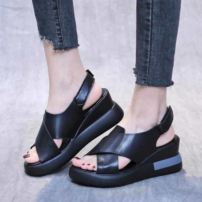 Women Soft Leather Peep Toe Thick Sole Muffin Wedge Sandals