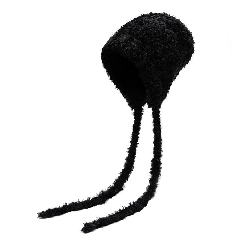 

Женская теплая вязаная шапка осень-зима однотонная шерстяная шапка с рукавами чёрный