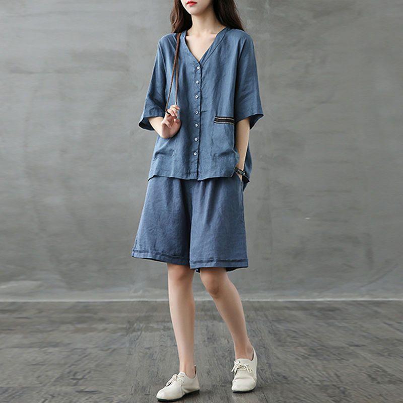 

Топ свободный прямой широкий шорты женские летний костюм из двух частей в стиле вестерн для женщин L синий